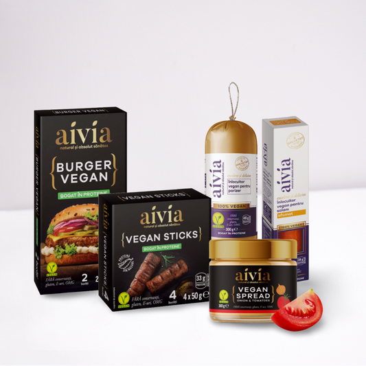 Vegan Brunch Box - A selection of plant-based delights including Aivia burger, smoked frankfurters, vegan sticks, simple bologna, and butter with onion and tomato spread